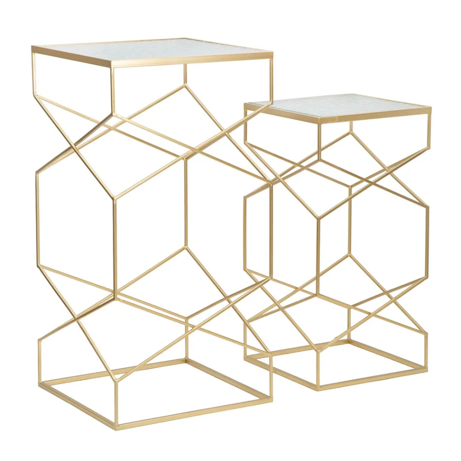 Para kwadratowych stolików telefonicznych ze złotego żelaza i szkła - Papież Viadurini