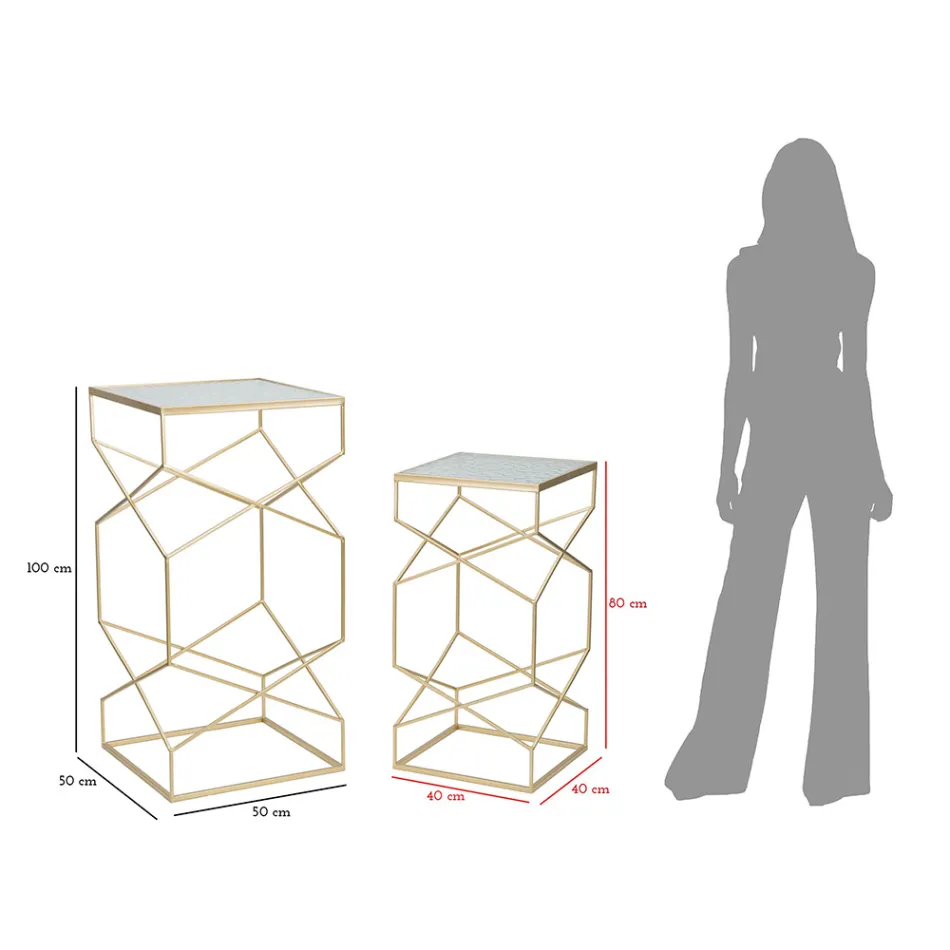 Para kwadratowych stolików telefonicznych ze złotego żelaza i szkła - Papież Viadurini