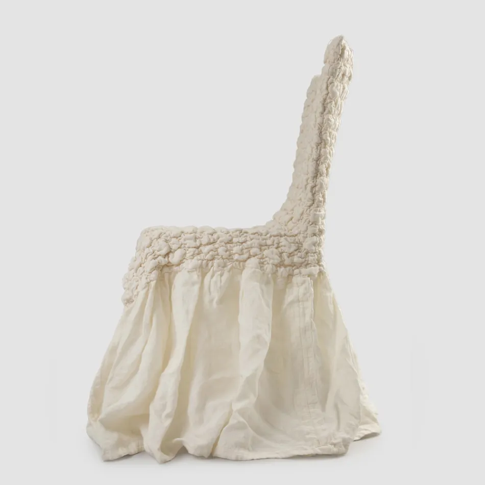 Elegancki pokrowiec na krzesło z oparciem do salonu z haftowanego lnu - Panteo Viadurini