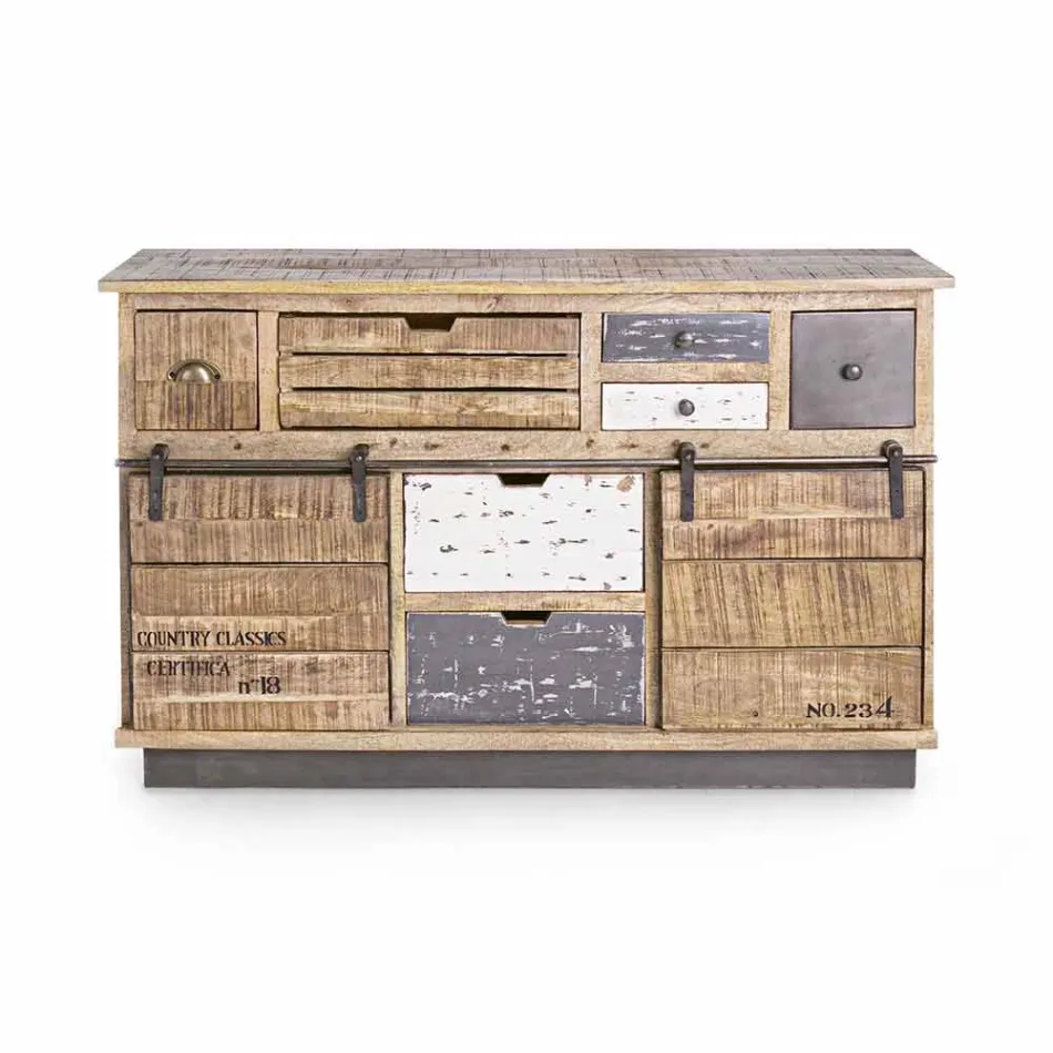 Kredens ze strukturą z drewna mango i stali w stylu industrialnym - Vidia Viadurini