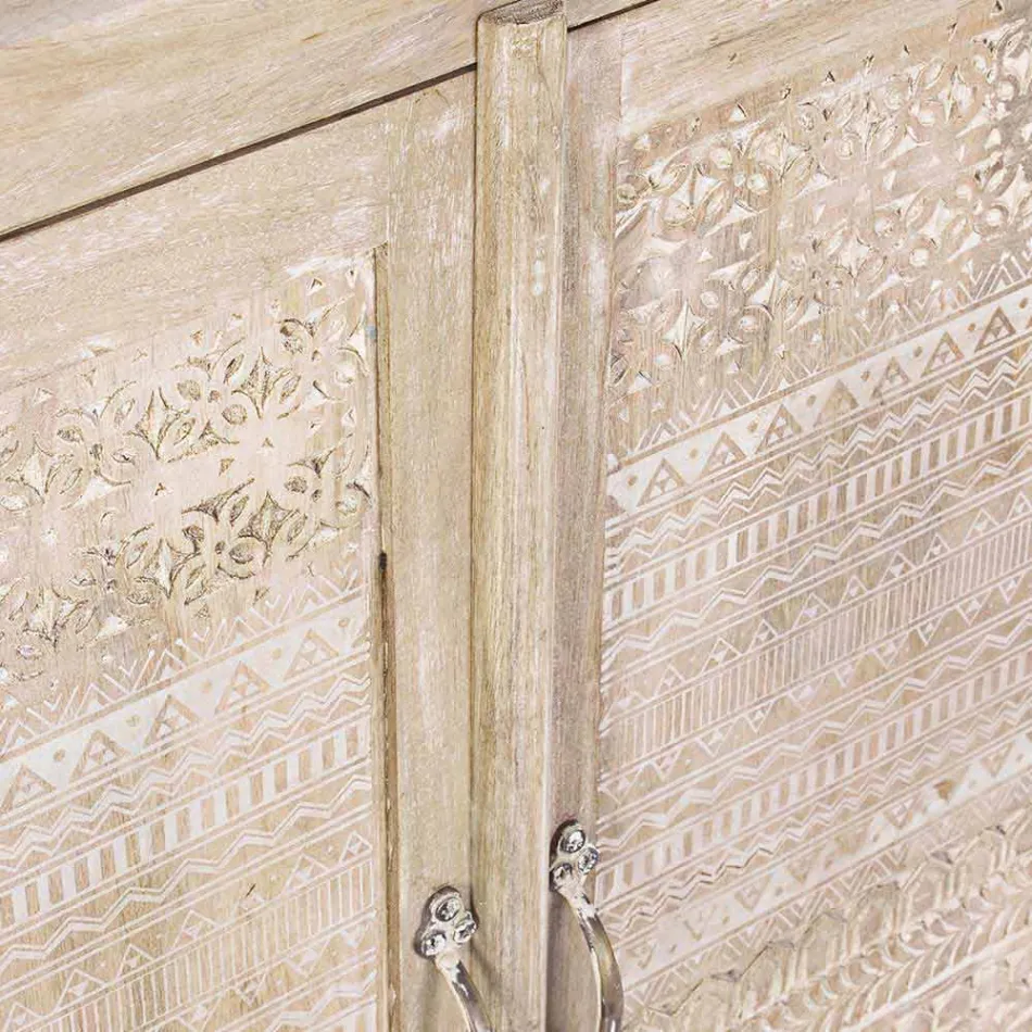 Kredens z drewna mango z ręcznie inkrustowanymi dekoracjami - Zotto Viadurini