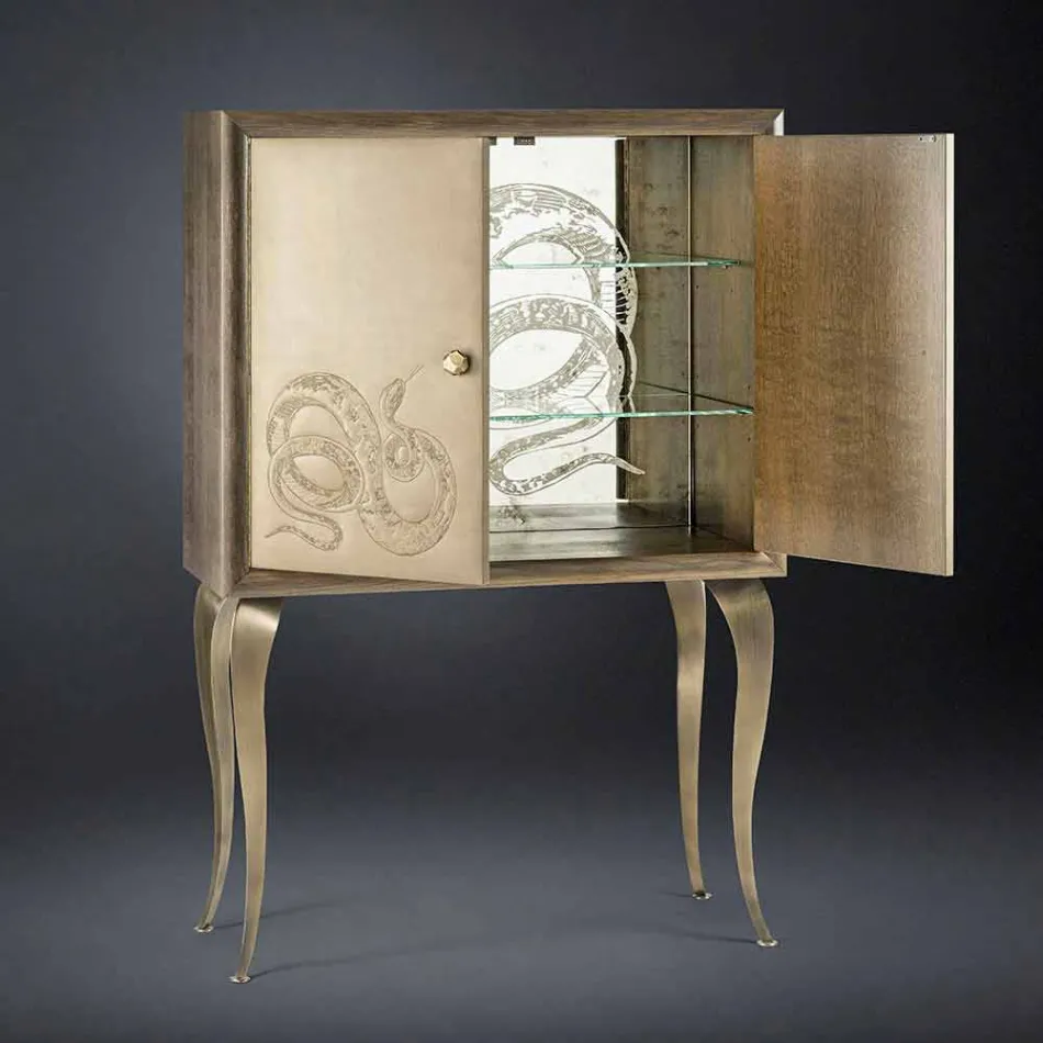 Nowoczesny kredens z 2 drzwiami z litego drewna i skórą anilinową Joy Viadurini