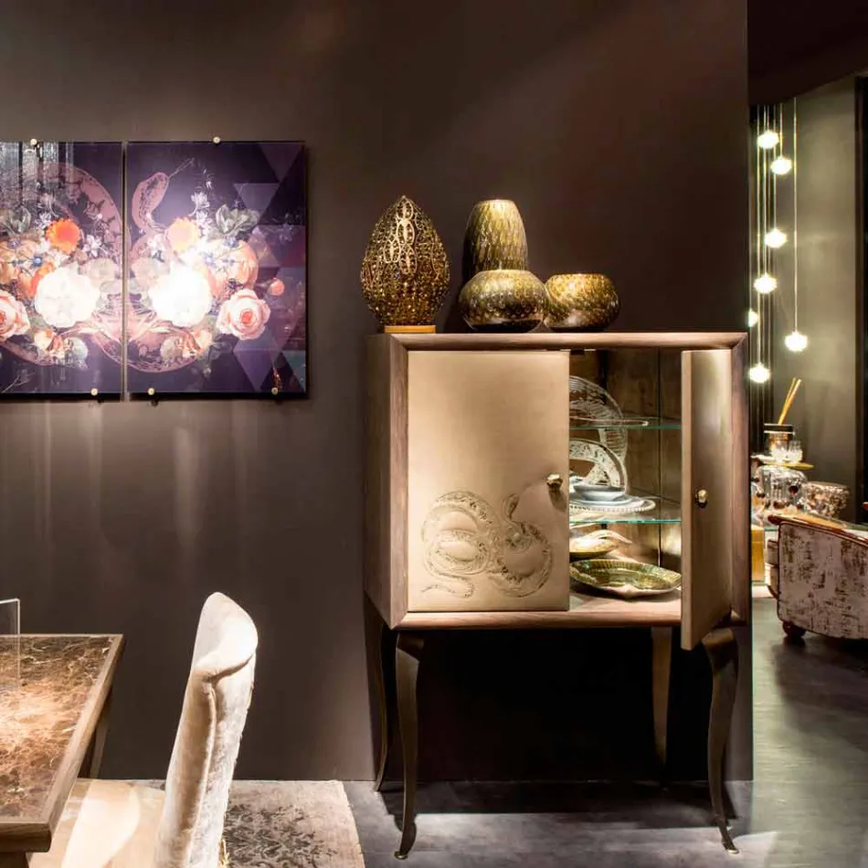 Nowoczesny kredens z 2 drzwiami z litego drewna i skórą anilinową Joy Viadurini