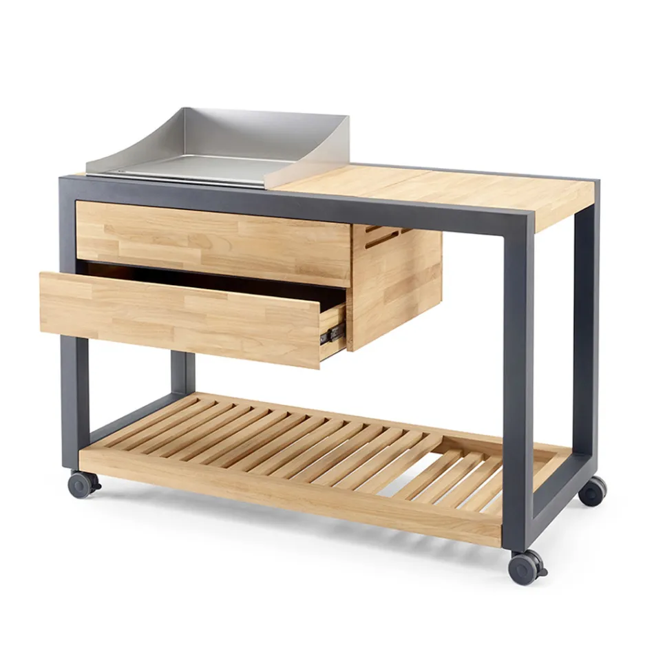 Kuchnia zewnętrzna 140x65x93 cm wykonana z litego drewna tekowego i aluminium - Convivial Viadurini