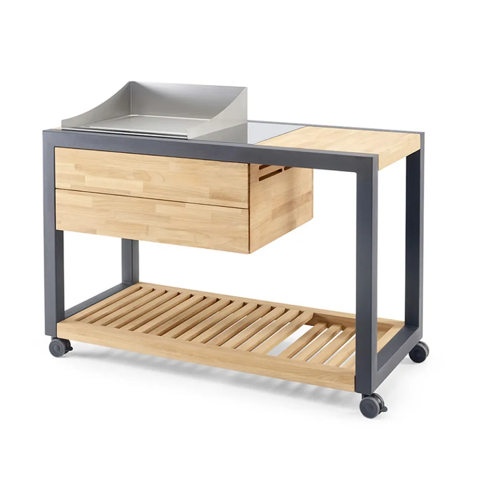 Kuchnia zewnętrzna 140x65x93 cm wykonana z litego drewna tekowego i aluminium - Convivial Viadurini