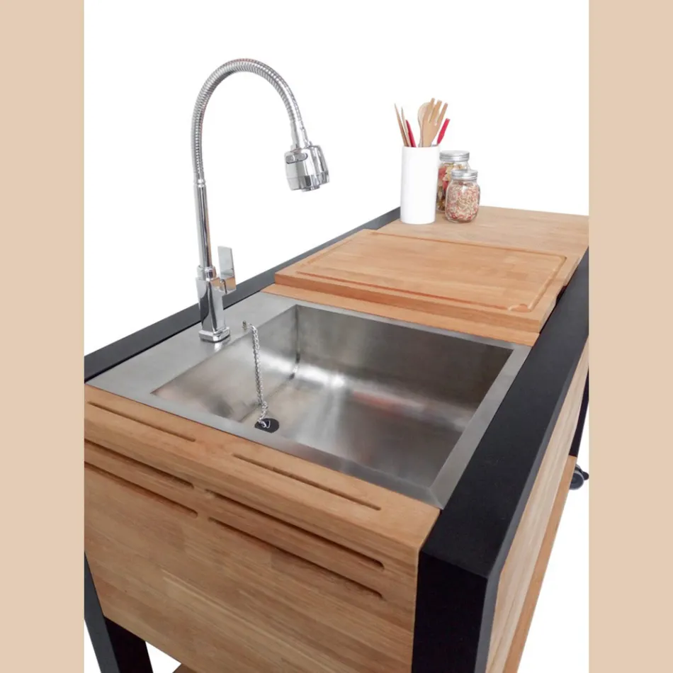 Kuchnia zewnętrzna 140x65x93 cm wykonana z litego drewna tekowego i aluminium - Convivial Viadurini