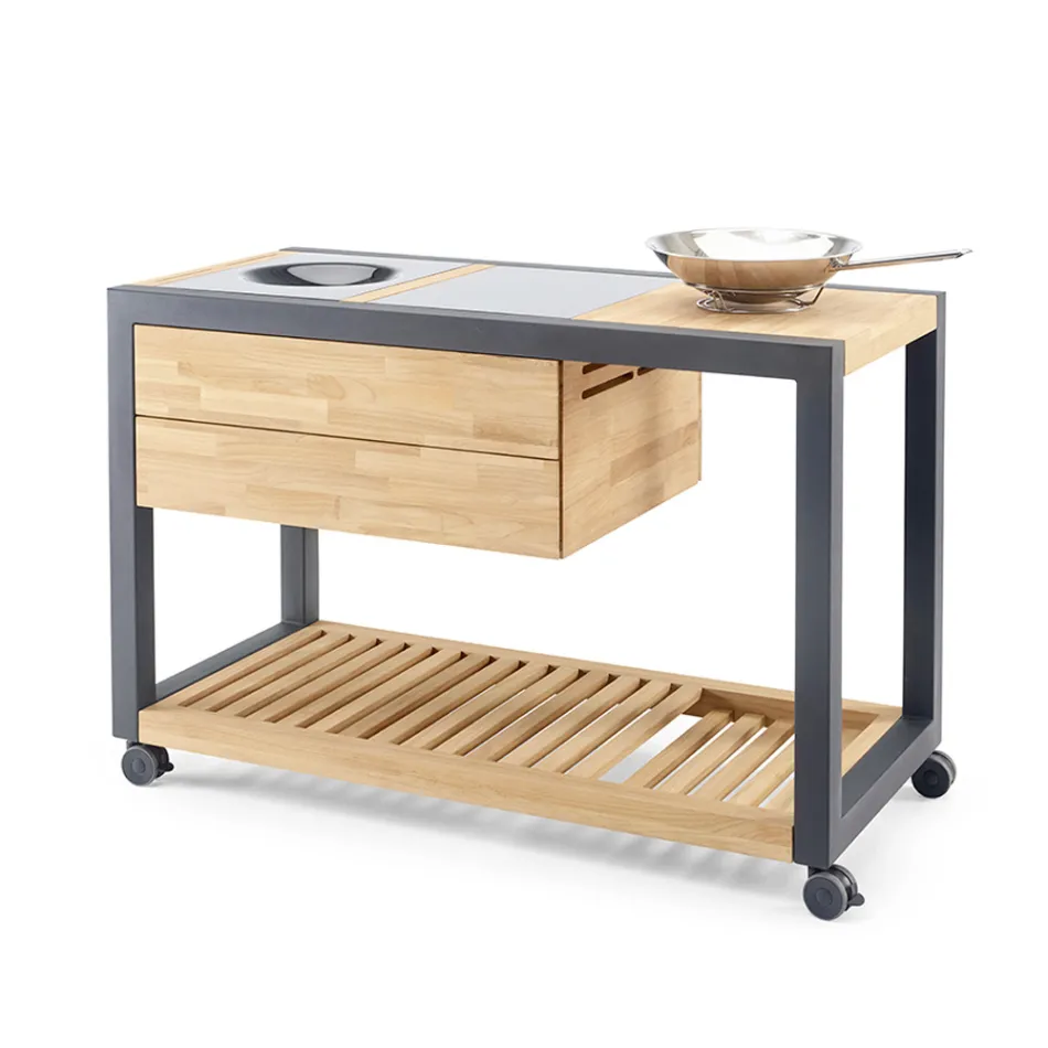 Kuchnia zewnętrzna 140x65x93 cm wykonana z litego drewna tekowego i aluminium - Convivial Viadurini