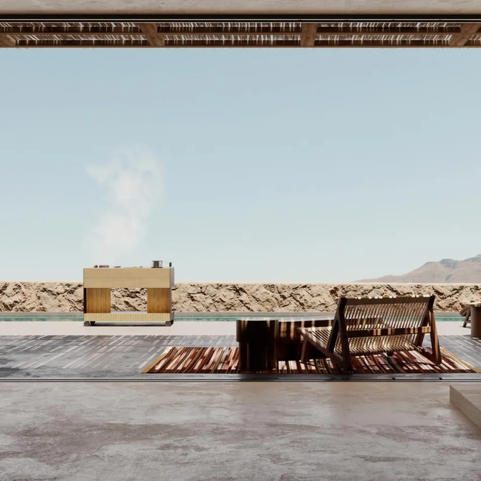 Kuchnia zewnętrzna 141x70x93 cm wykonana z litego drewna tekowego i aluminium - Stilosa Viadurini