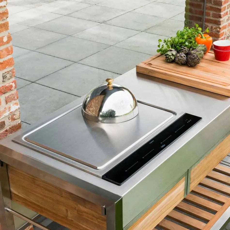 Nowoczesna kuchnia ogrodowa na zewnątrz na drewnianych i stalowych kołach - Buoncalliope Viadurini