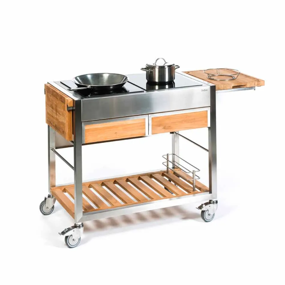 Nowoczesna kuchnia ogrodowa na zewnątrz na drewnianych i stalowych kołach - Buoncalliope Viadurini