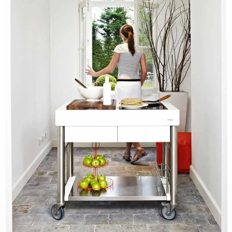 Nowoczesna kuchnia na kółkach do ogrodu z drewna i stali - Calliope Viadurini