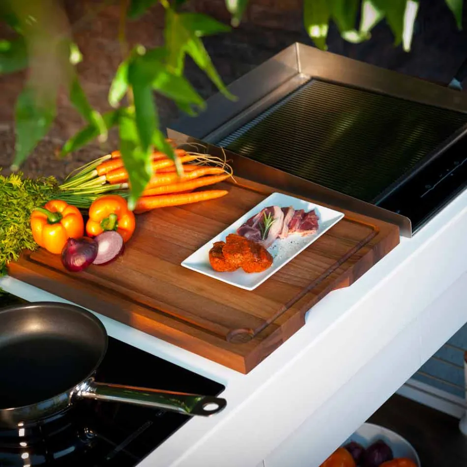 Nowoczesna kuchnia na kółkach do ogrodu z drewna i stali - Calliope Viadurini