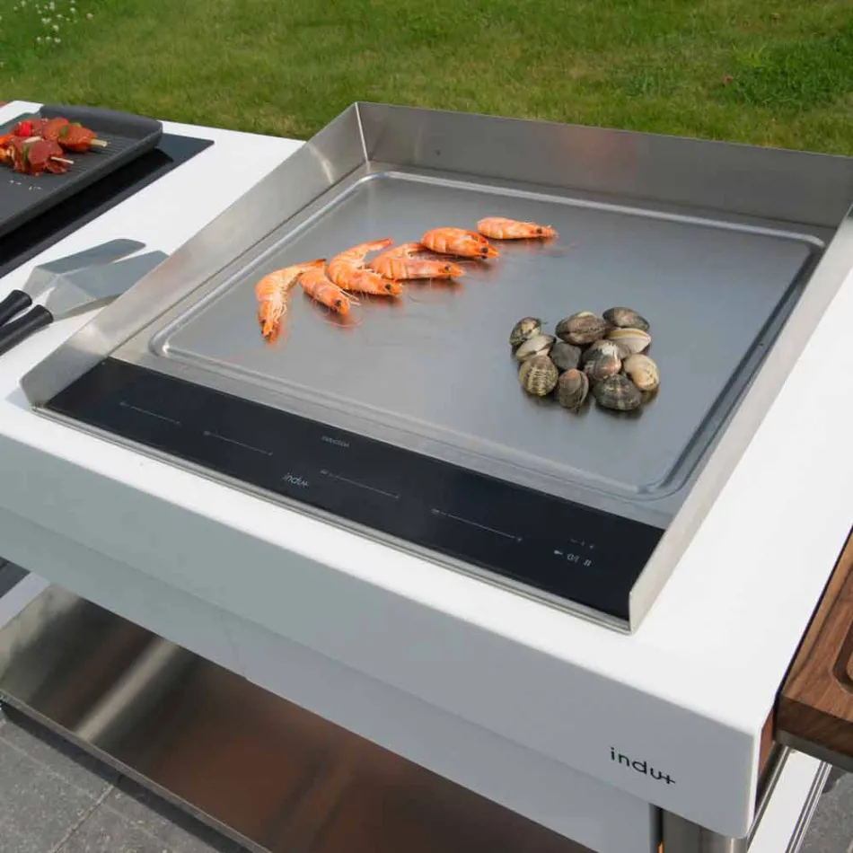 Nowoczesna kuchnia na kółkach do ogrodu z drewna i stali - Calliope Viadurini