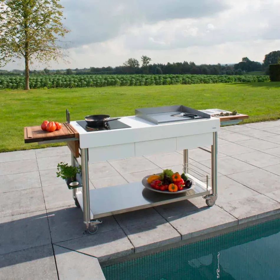 Nowoczesna kuchnia na kółkach do ogrodu z drewna i stali - Calliope Viadurini