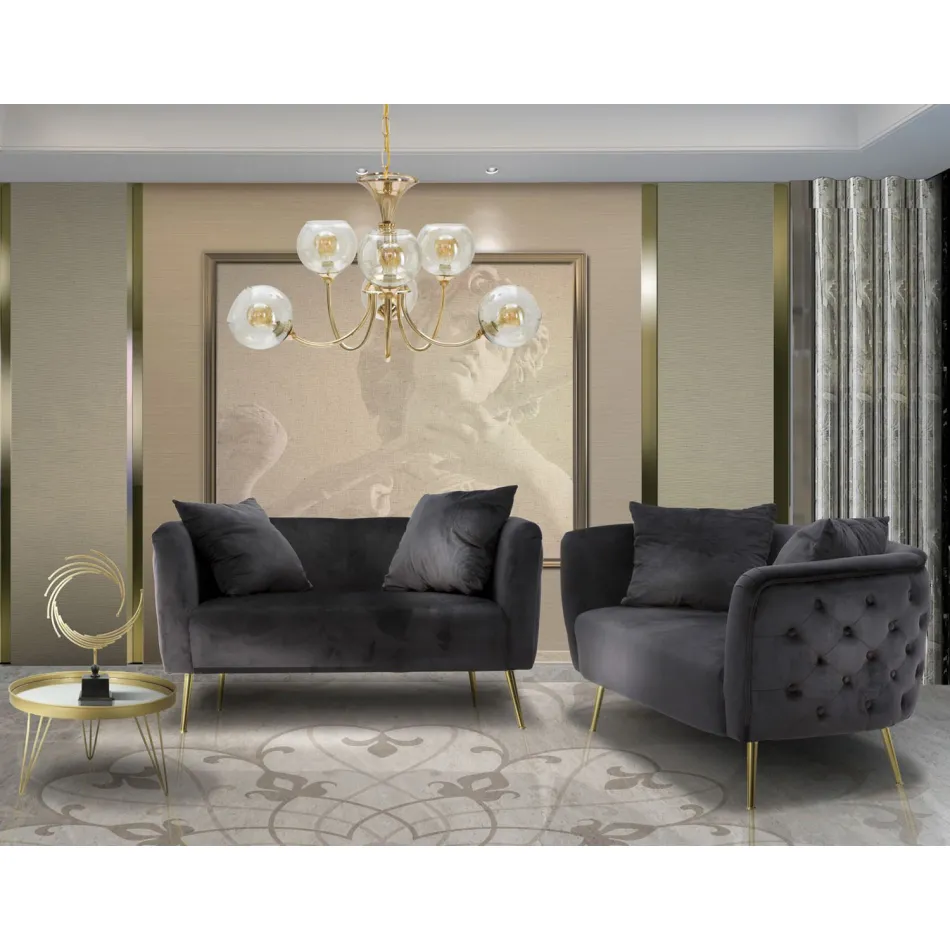 Dwuosobowa sofa z designerskiej konstrukcji z aksamitu, drewna i żelaza - Renita Viadurini