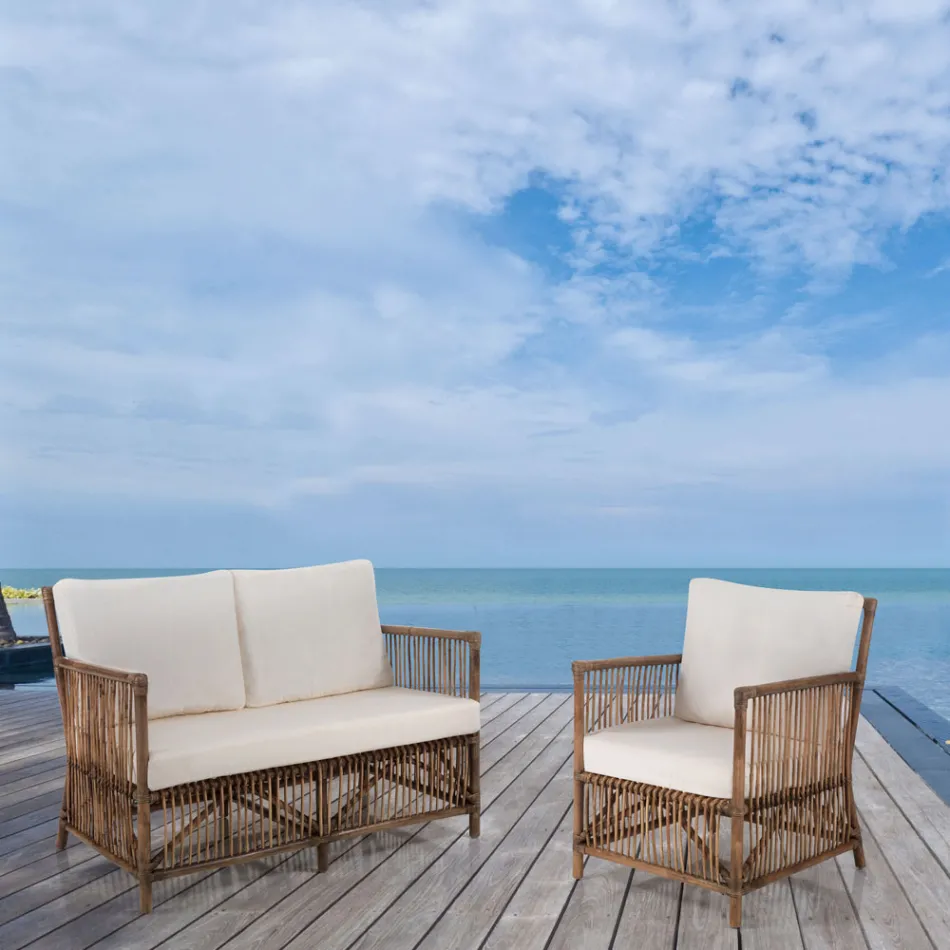 2-osobowa sofa ogrodowa i wewnętrzna z rattanu i poduszkami ze 100% bawełny - Boire Viadurini