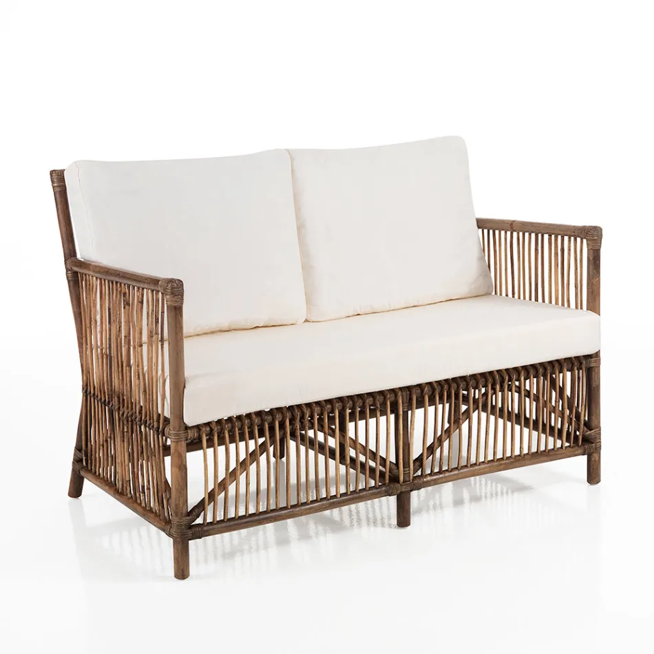2-osobowa sofa ogrodowa i wewnętrzna z rattanu i poduszkami ze 100% bawełny - Boire Viadurini