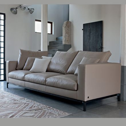 3-osobowa sofa do salonu ze skóry, drewna i metalu Made in Italy - Bizzarro Viadurini