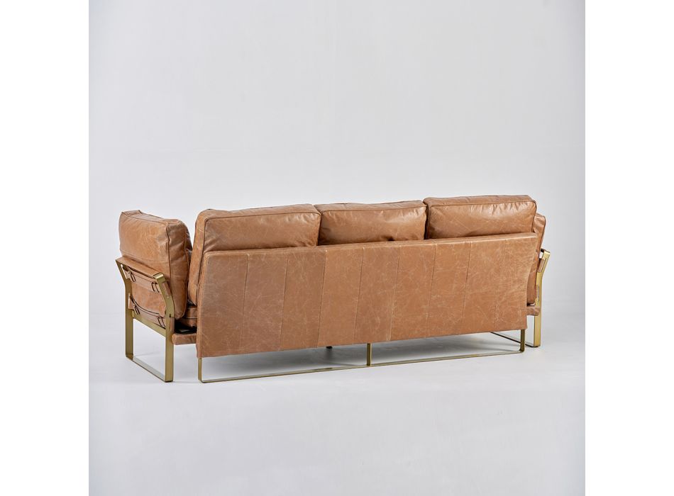 3-osobowa sofa do salonu w kolorze koniaku z prawdziwej skóry i metalowej podstawy - cedr Viadurini