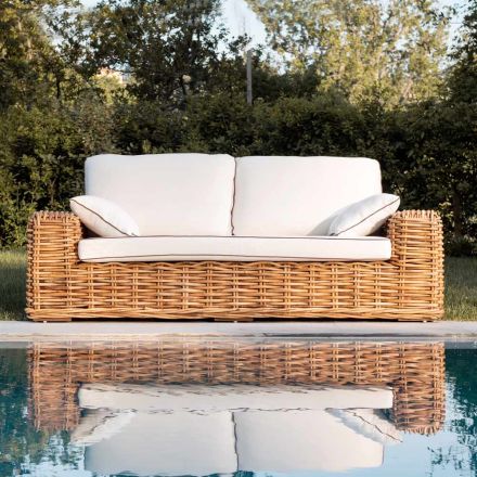 Sofa 3-osobowa lub Maxi Garden z naturalnego rattanu z poduszkami - Keira Viadurini