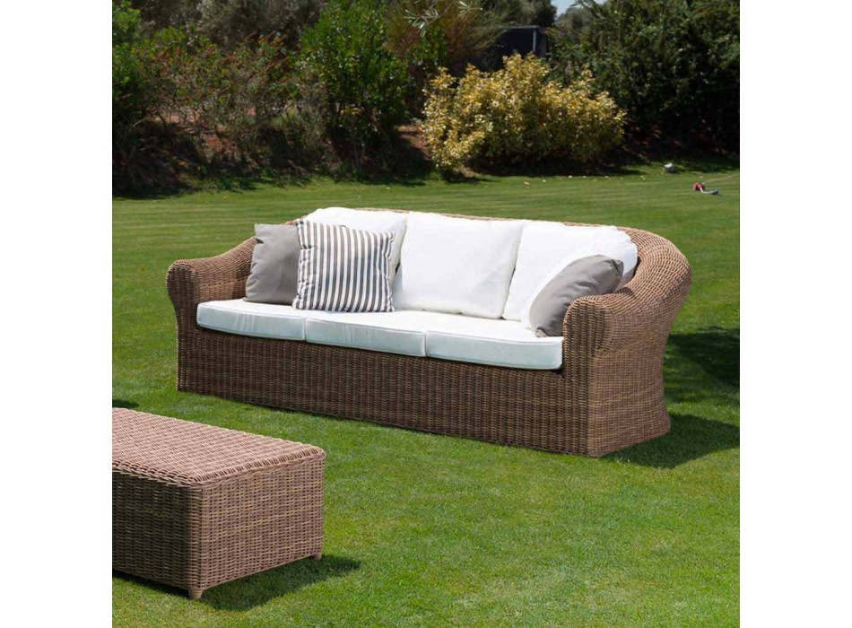 3-osobowa sofa zewnętrzna z syntetycznego rattanu i tkaniny w kolorze białym lub ecru - Yves