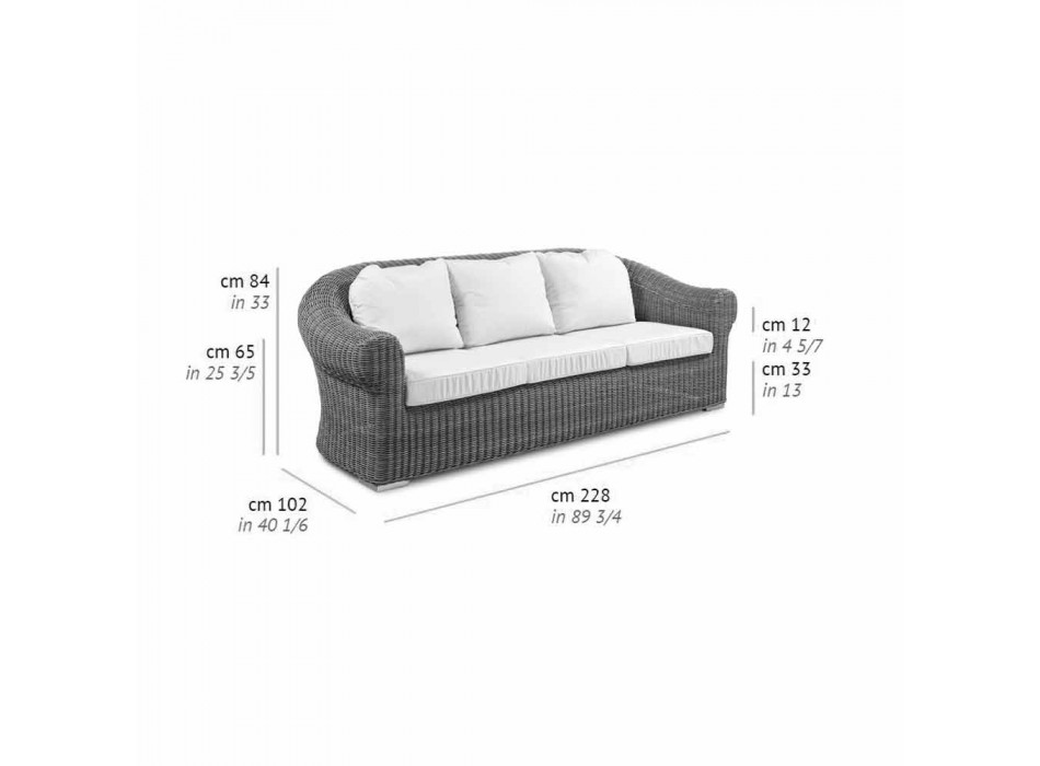 3-osobowa sofa zewnętrzna z syntetycznego rattanu i tkaniny w kolorze białym lub ecru - Yves Viadurini