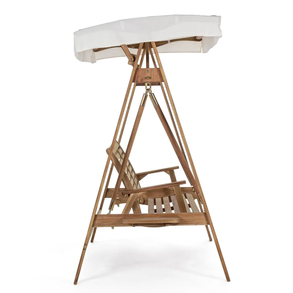 Dwumiejscowa rozkładana sofa ogrodowa z drewna akacjowego z białym płótnem - Roxen Viadurini