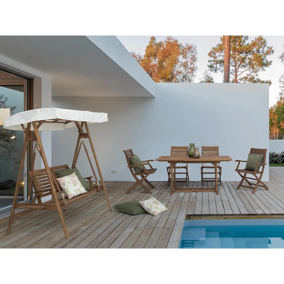 Dwumiejscowa rozkładana sofa ogrodowa z drewna akacjowego z białym płótnem - Roxen Viadurini