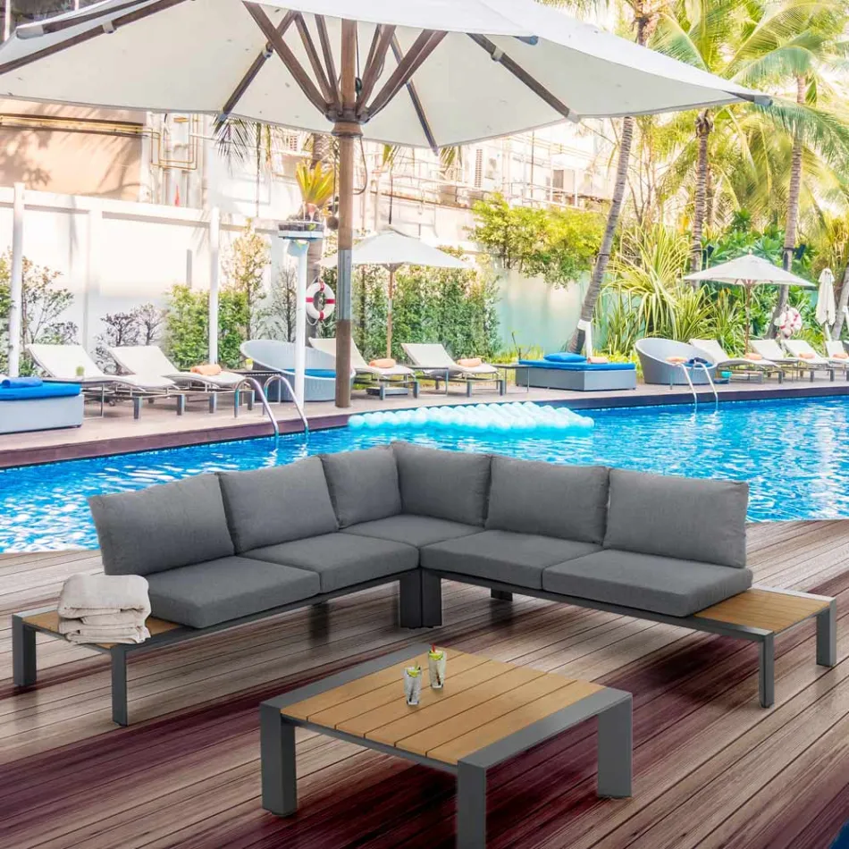 Narożna sofa ze stolikiem kawowym do użytku na zewnątrz i wewnątrz z aluminium - Mettre Viadurini