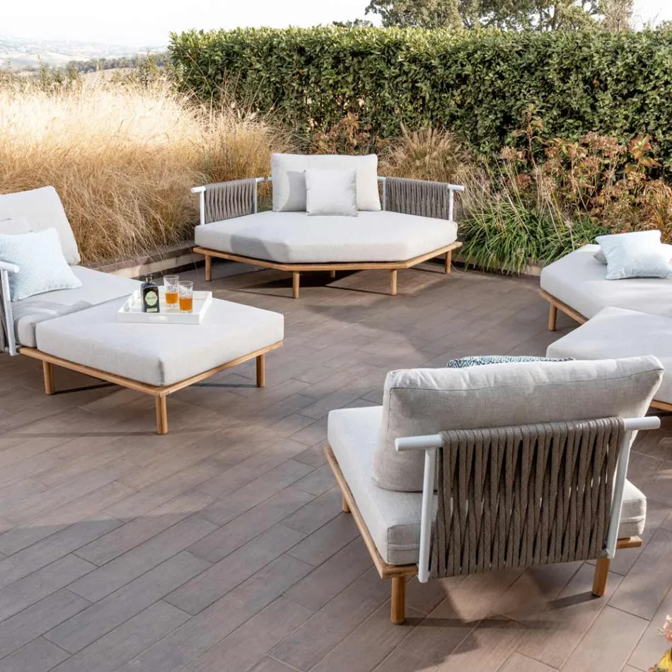 Sześciokątna narożnikowa sofa ogrodowa z drewna tekowego i liny - Bellatrix Viadurini