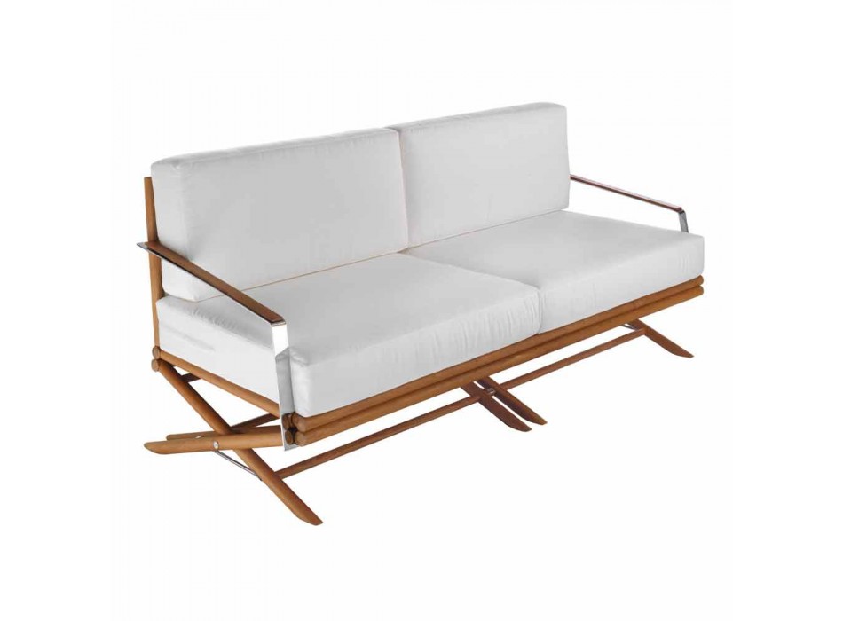 3-osobowa sofa zewnętrzna z naturalnego drewna lub czarnej i luksusowej tkaniny - Suzana Viadurini