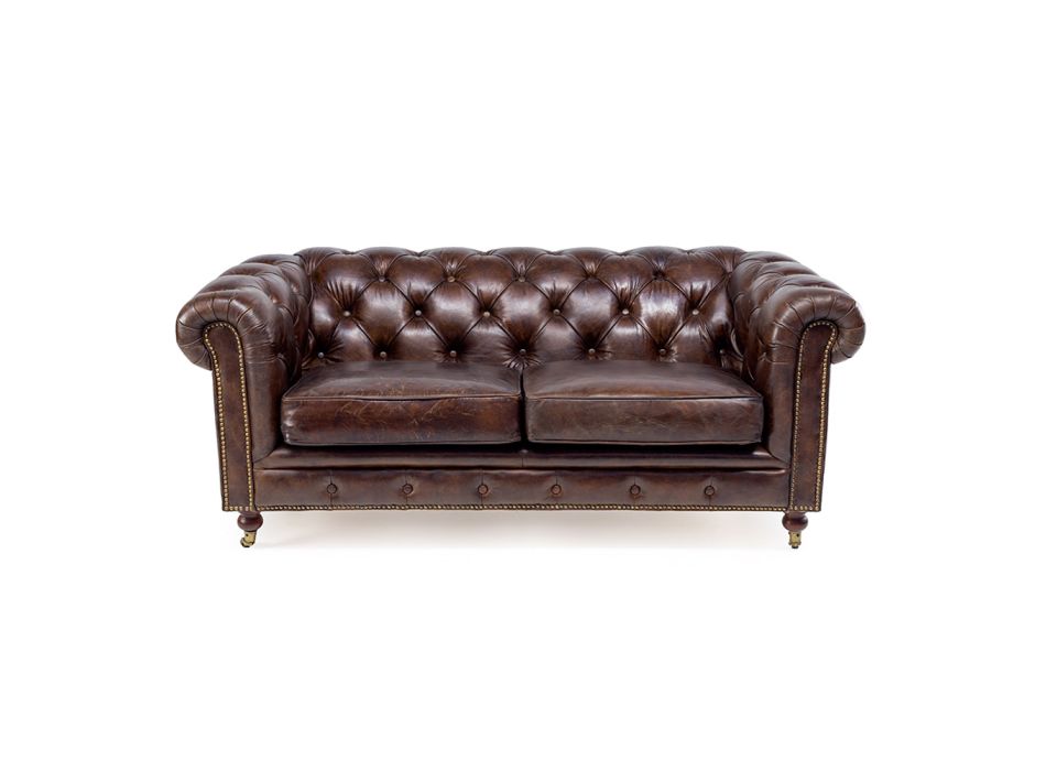 2- lub 3-osobowa sofa do salonu z postarzaną skórą w stylu vintage - stempel Viadurini
