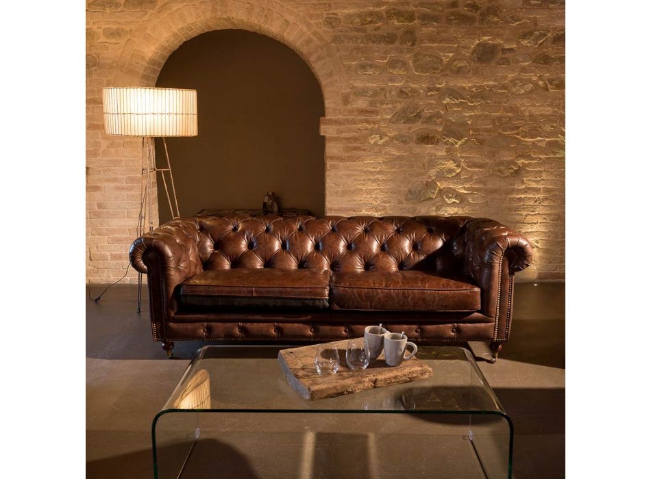 2- lub 3-osobowa sofa do salonu z postarzaną skórą w stylu vintage - stempel Viadurini