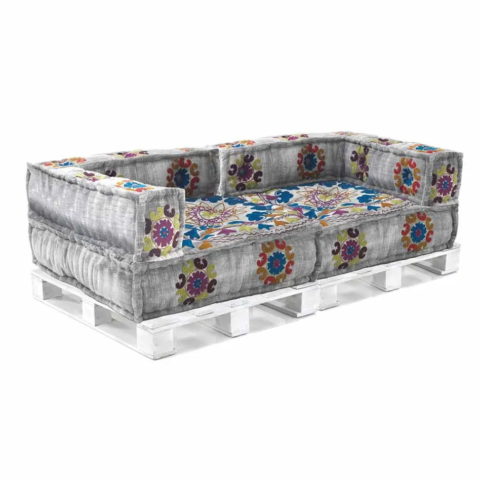 Wyściełana dwuosobowa sofa etniczna w patchworku i drewnie - włóknie Viadurini