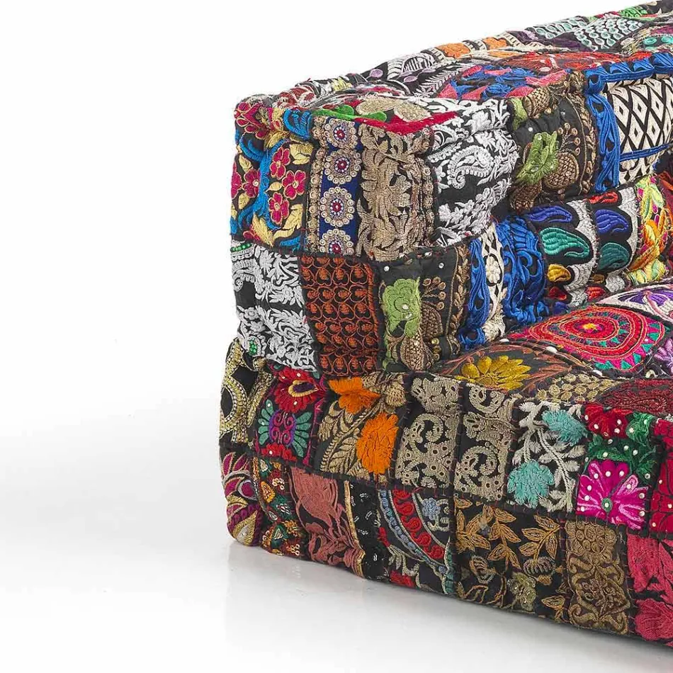 Wyściełana dwuosobowa sofa etniczna w patchworku i drewnie - włóknie Viadurini