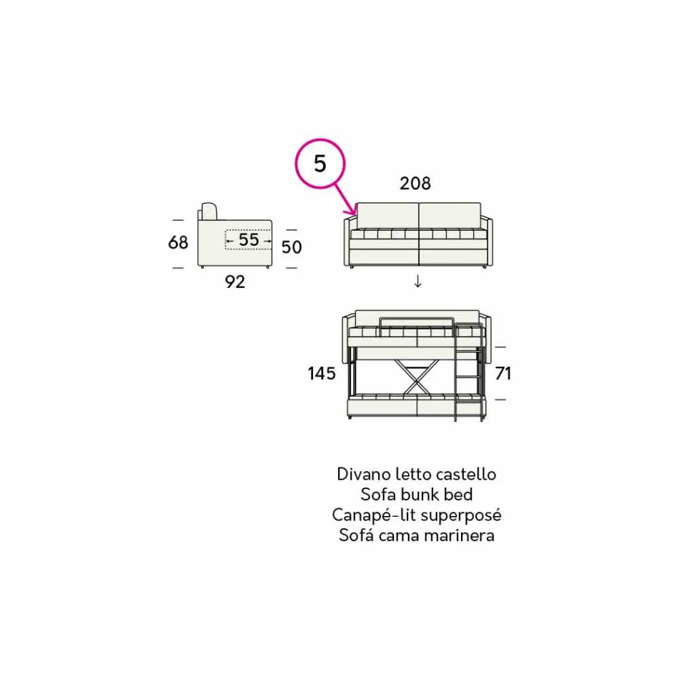 Zaprojektuj sofę z łóżkiem piętrowym obitą tkaniną Made in Italy - Gretel Viadurini