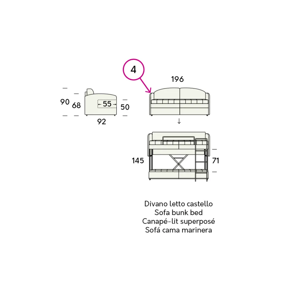 Nowoczesna rozkładana sofa piętrowa z brązowej tkaniny Made in Italy - Pont Viadurini