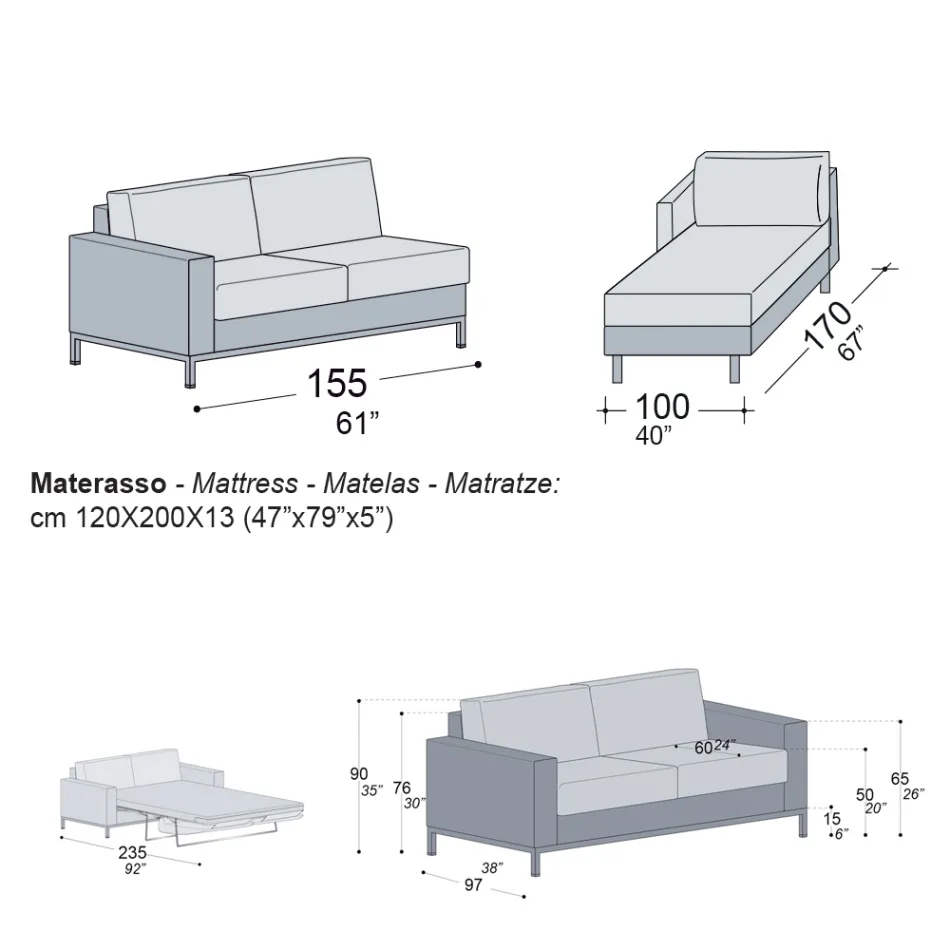 Rozkładana sofa z półwyspem z metalu i poliuretanu Made in Italy - Folle Viadurini