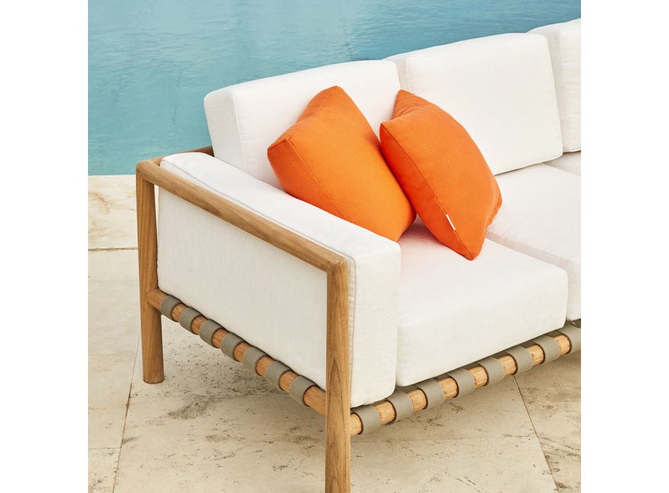 Sofa zewnętrzna 2 lub 3-osobowa z drewna tekowego z dołączonym zestawem poduszek Wyprodukowano we Włoszech - Liberato Viadurini