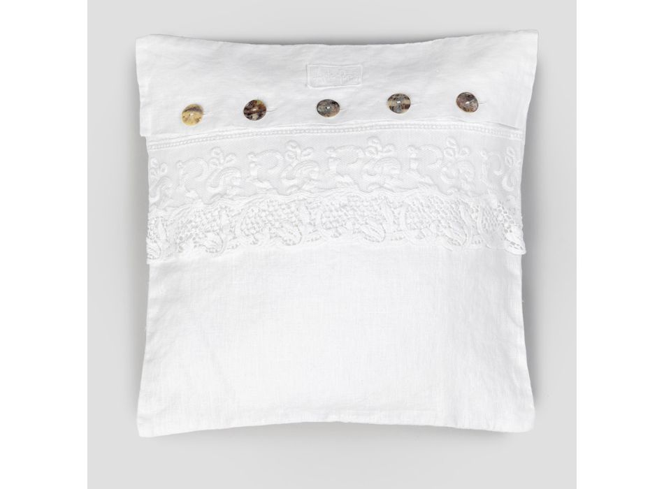Biała kwadratowa poszewka na poduszkę z koronką i włoskimi luksusowymi guzikami - Logos Viadurini