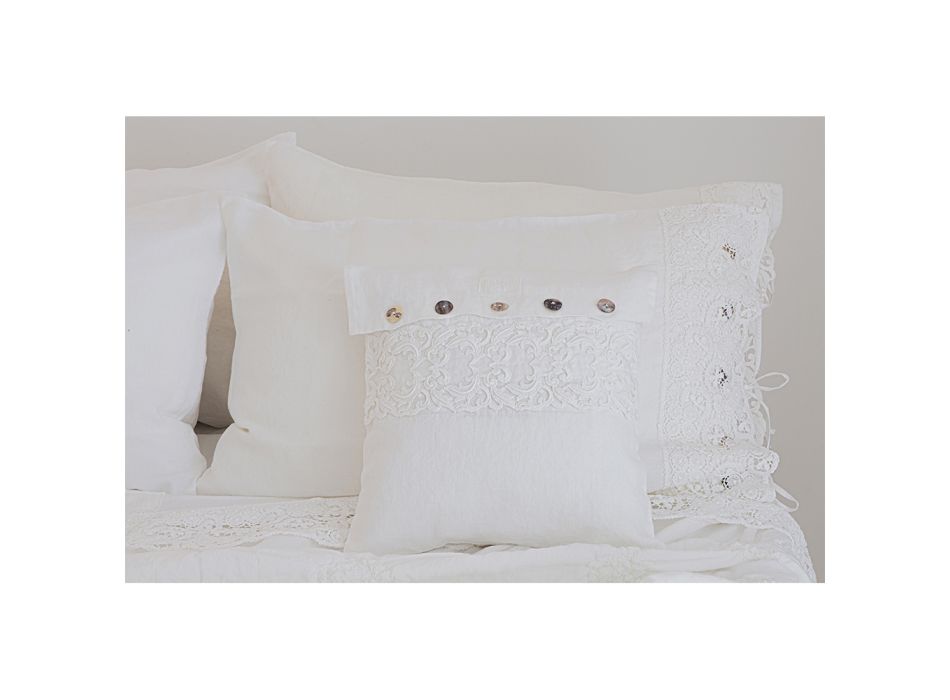 Biała kwadratowa poszewka na poduszkę z włoską luksusową koronką i guzikami - logo Viadurini