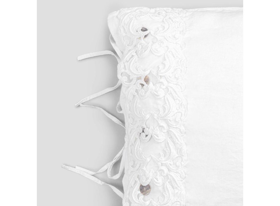 Lniana poszewka na poduszkę z białą koronką do luksusowego łóżka Made in Italy - Kiss Viadurini