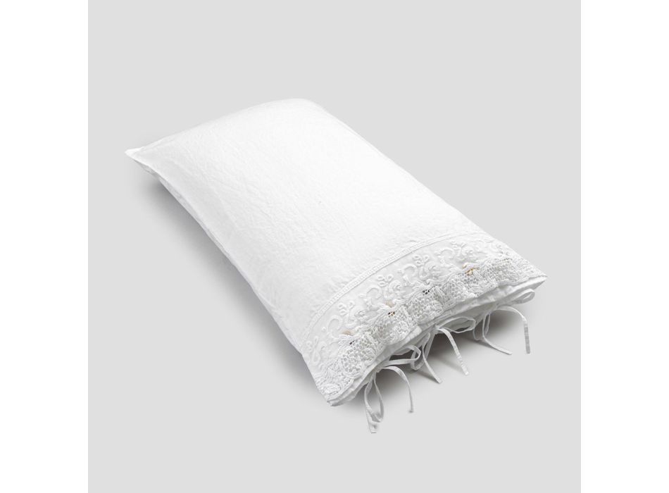 Lniana poszewka na poduszkę z białą koronką do luksusowego łóżka Made in Italy - Kiss Viadurini