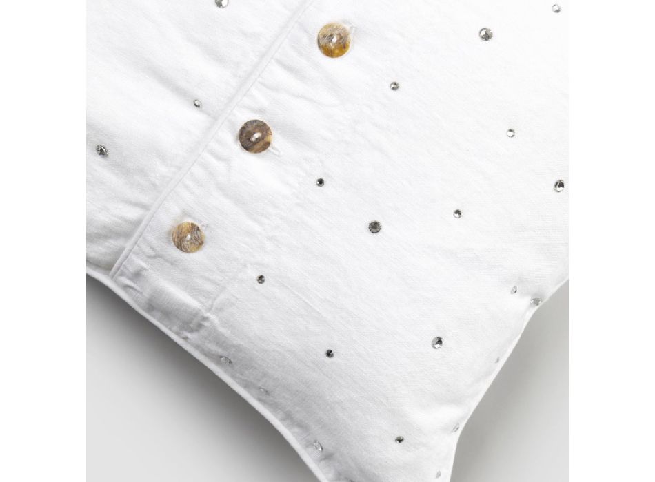 Biała lniana poszewka na poduszkę z prostokątnymi kryształkami dekoracyjnymi - Cenerella Viadurini