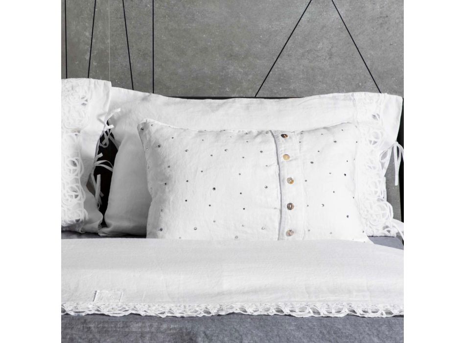 Biała lniana poszewka na poduszkę z prostokątnymi kryształkami dekoracyjnymi - Cenerella