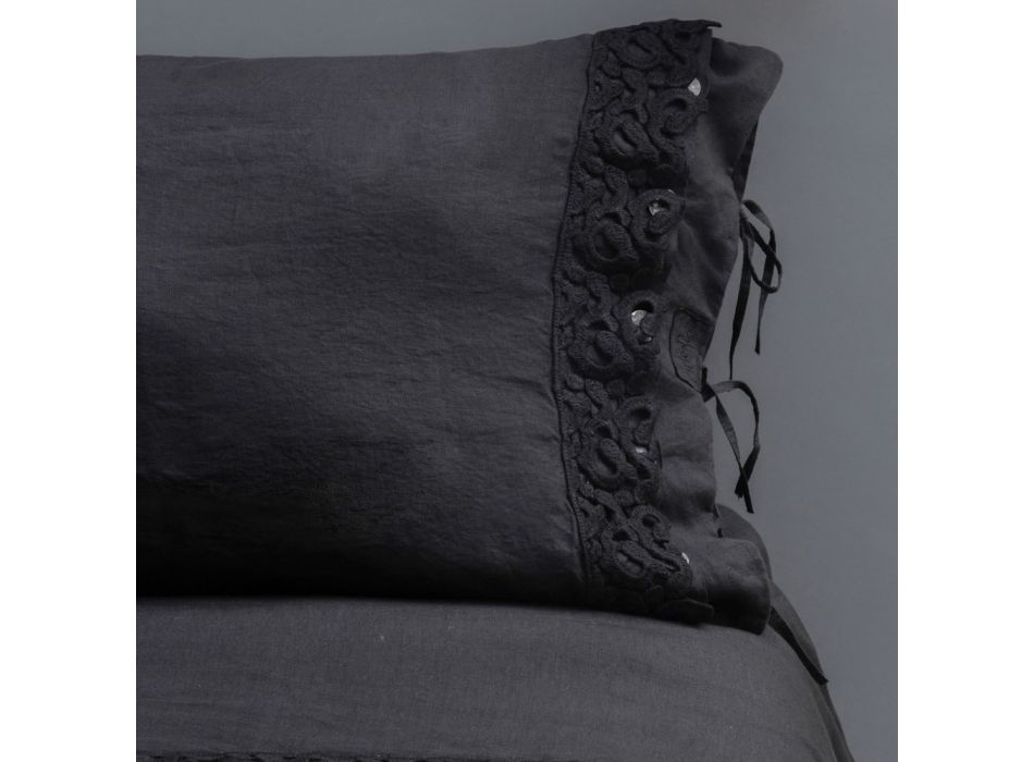 Lniana poszewka na poduszkę z poema koronką i masłem lub czarnymi koronkami Made in Italy - Masone Viadurini