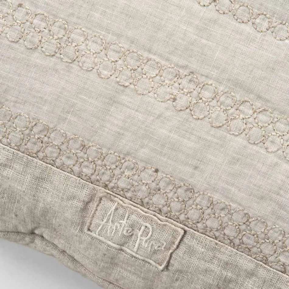 Kwadratowa poszewka na poduszkę z lnu kredowego lub dekoracja retro z haftem w kształcie kuli i ramką - łokieć Viadurini