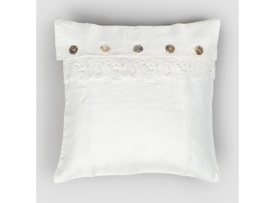 Kwadratowa poszewka na poduszkę z zakurzonego lub retro lnu z guzikami i koronką Armonia - logo Viadurini