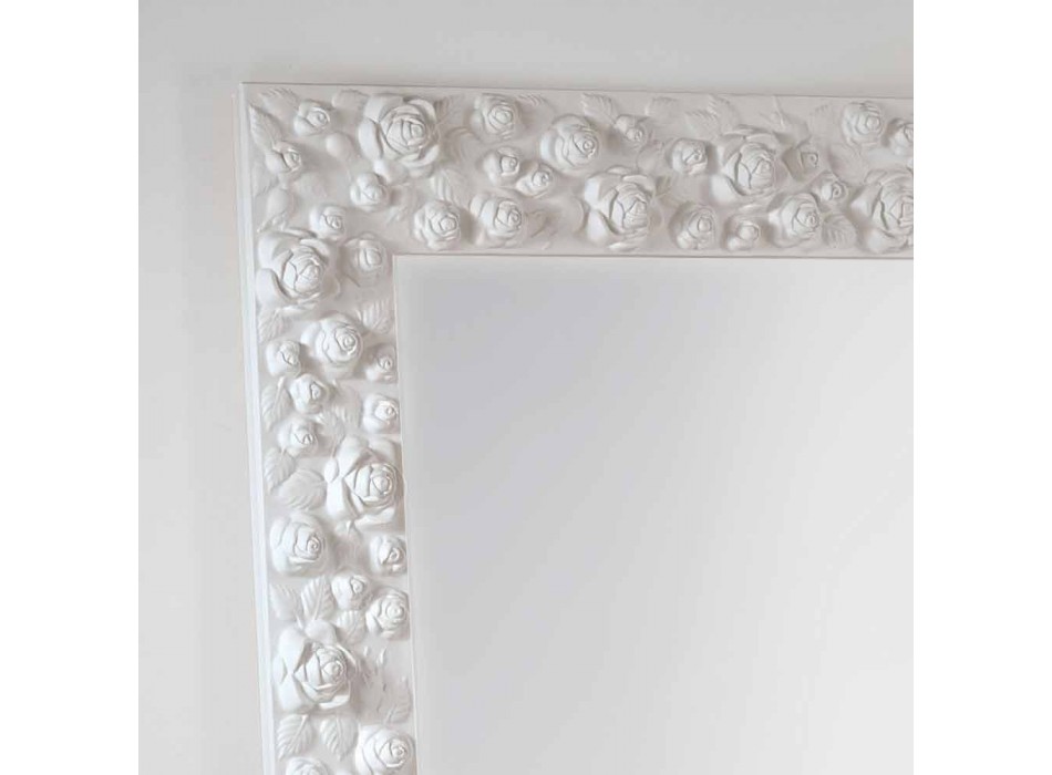 Duży biały lustro podłogi / ściany drewniane ramy Flower Viadurini