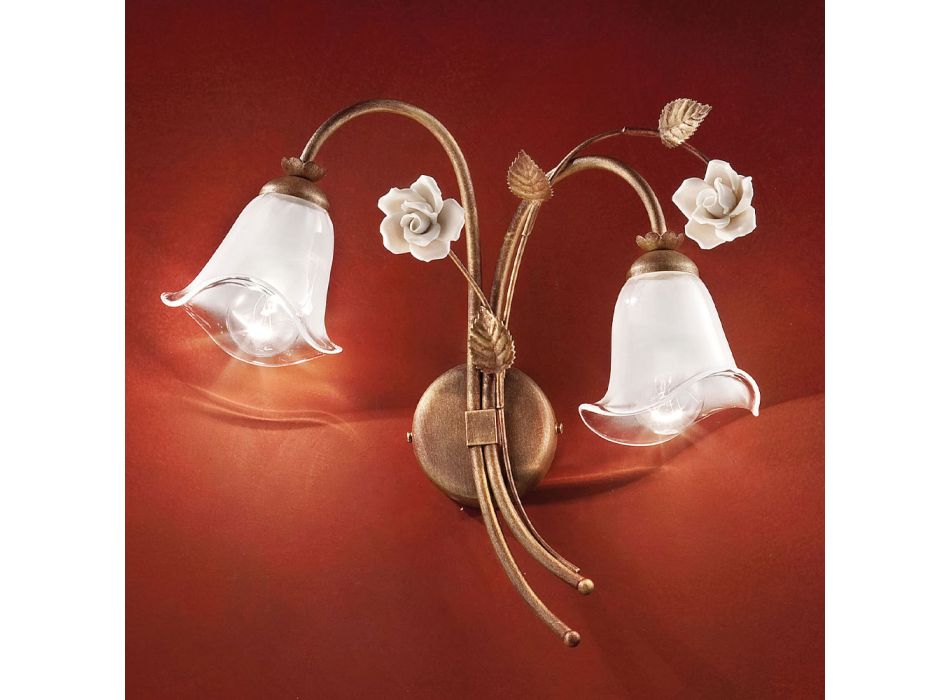 Kinkiet 2 światła z żelaza i szkła z różą w ceramice - Siena Viadurini